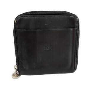The Sak Black Genuine Leather Wallet Zip Around Square Card Case Travel Wallet